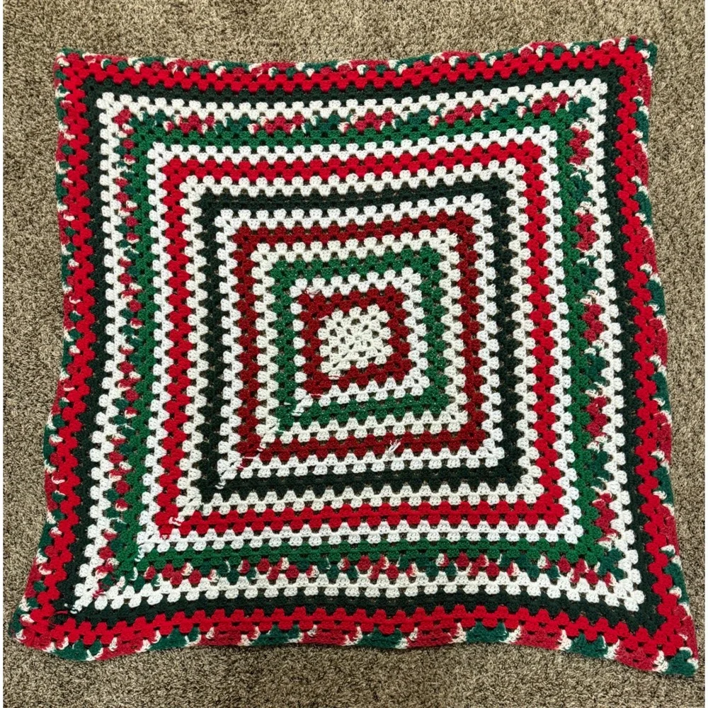 Handmade Granny Square‎ Crochet Blanket Christmas Colors Red Green White Sparkle